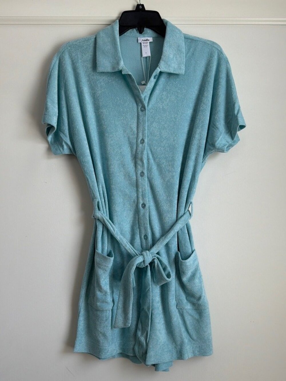 Andie The Button Up Romper Light Blue Terry Cloth Collared Belted Pockets S NWT